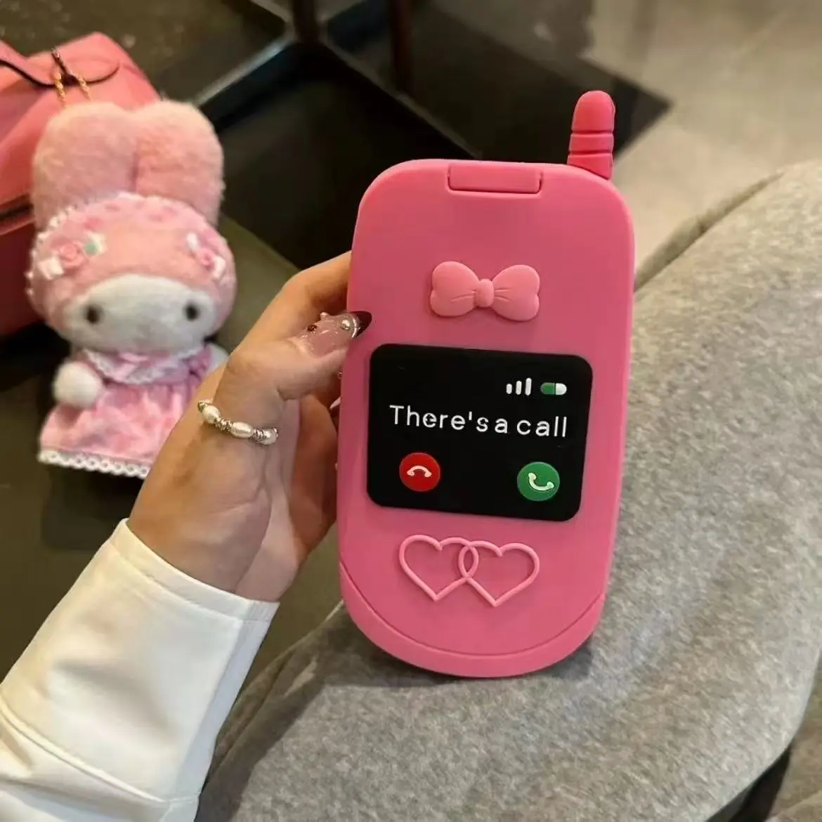 Retro Flip Phone Case for iPhone 15 14 13 12 Pro Max Soft Silicone Shockproof Cute Pink Bow Heart Cover