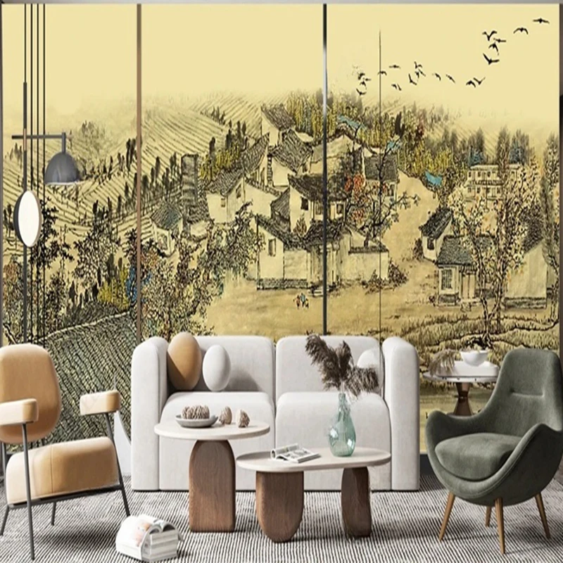 New Chinese Style Wallpaper Custom Photo Mural Retro Simple Ink Village Landscape Wall Art Decor Painting Living Room Background
