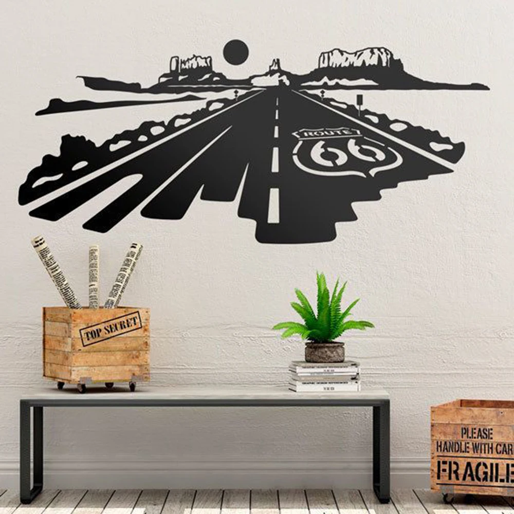 Large Route 66 At Sunset Landscape Mountain Wall Sticker Bedroom Kids Room Route Road  Nature Wall Decal Playroom