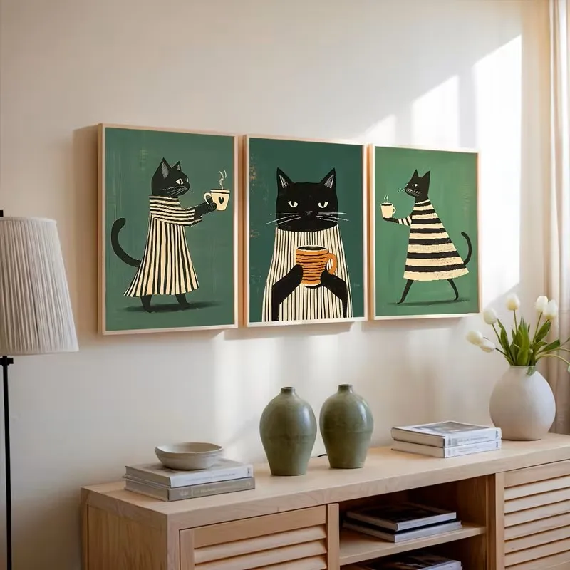 3pcs Black Cat Coffee Leisure Wall Art Printing Green Posters Retro Fun Wall Decorations Black White Kitchen Decorative Painting