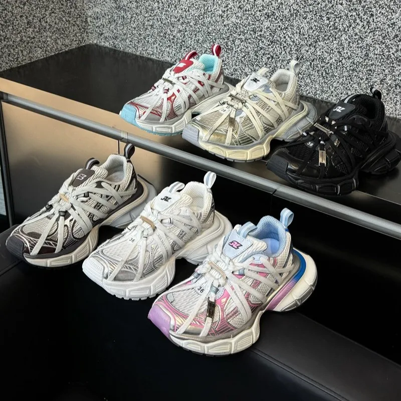 2026 Ins Super Fire Strap Small Flytail Breathable Casual Sneakers Metallic Platform Women's Tide Dad Shoes Men