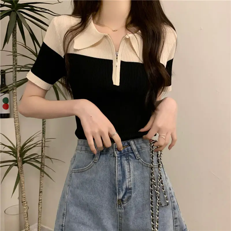 2025 Retro Polo Neck Short-sleeved T-shirt for Women in Summer New Slim and Versatile Slim Color-blocking Chic Knitted Top