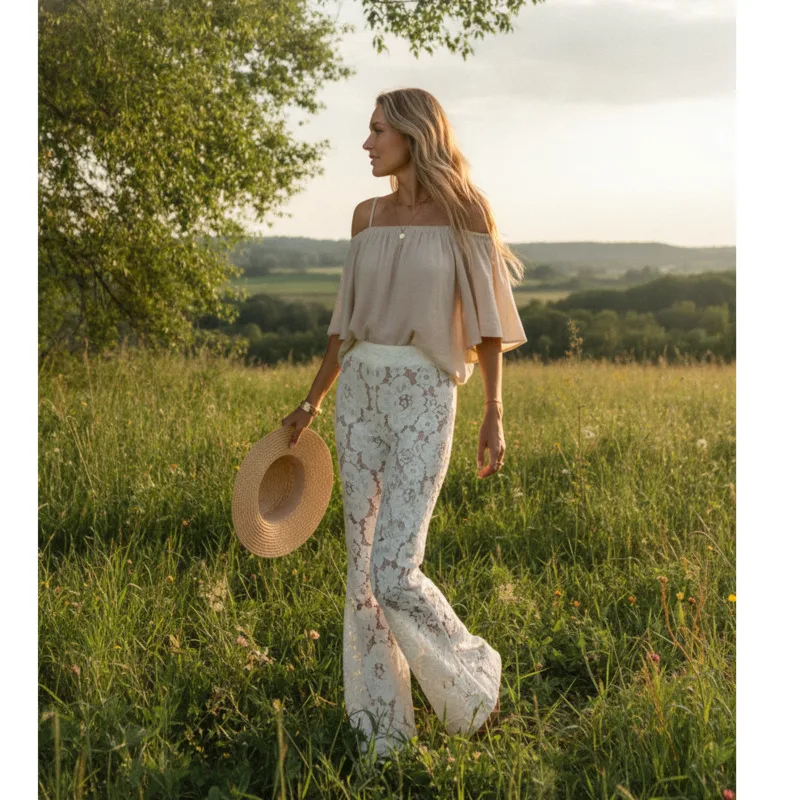 Women Lace Flare Pants High Waist Floral Hollow Out Bell Bottom Trousers Slim Fit Sheer Spring Summer Chic Wear New Street Style