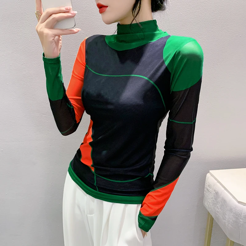 S-4XL Women's Autumn Winter Long Sleeve Turtleneck Mesh T-shirts Female's Positioning Printing Tee Top FF0851