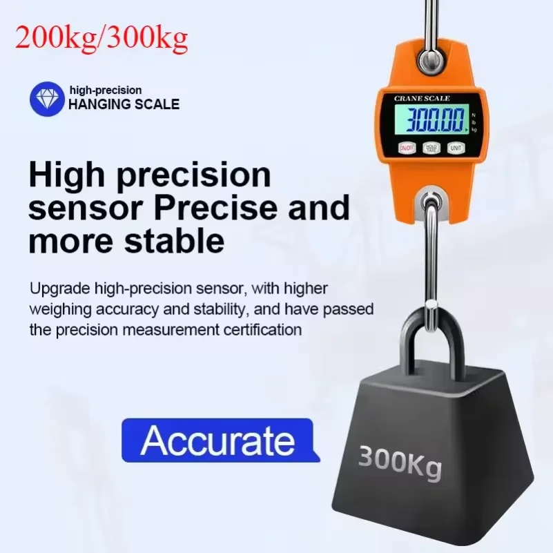 Multifunction Digital Hanging Scale 200/300KG LCD Handheld Weighing Tool for Suitcase, Fishing, Bike & Industrial Load Testing