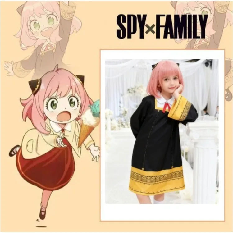 SPY FAMILY Anya Forger Cosplay Costume Full Set Black Gold Campus Uniform Dress with Pink Wig for Kids Adult Halloween Carnival 