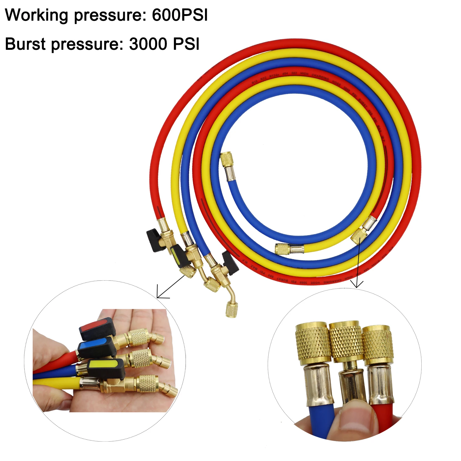 1.6M Refrigerant A/C Charging Hoses with Ball Valves HVAC 1/4