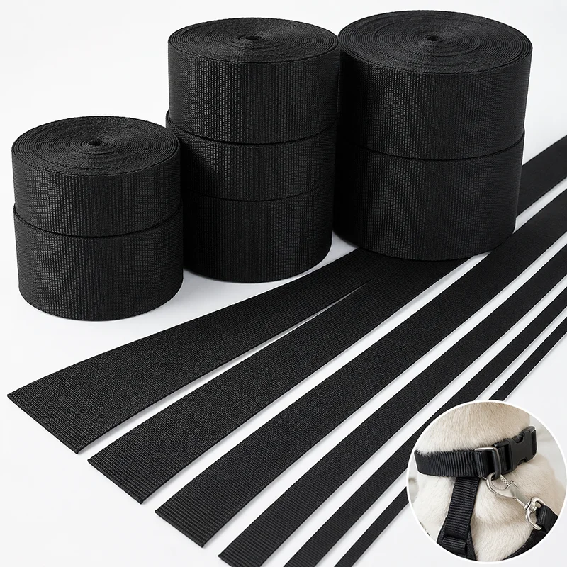 15Meters 10-100mm Black Nylon Webbing Band for Pet Collar Leash Harness Safety Belt Dog Strap Adjustable Ribbon Binding Material