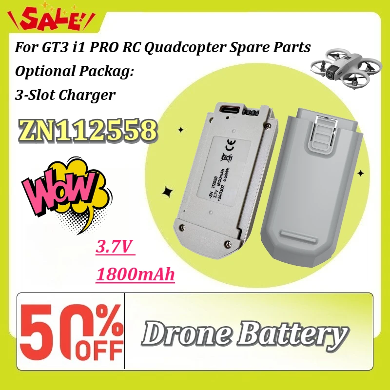 New 1-6PCS ZN112558 3.7V 1800mAh Replacement Drone Battery for GT3 I1 PRO RC Quadcopter Spare Parts with 3-Slot Charger
