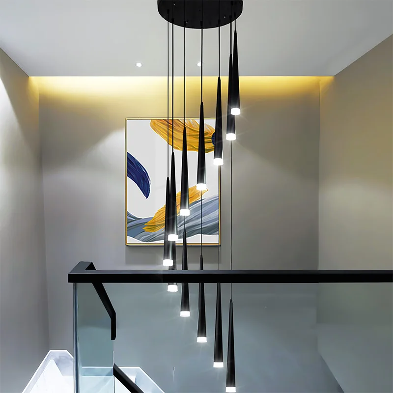 Stair Chandelier Modern Duplex Apartment Building Living Room Pendant Lamps Nordic Restaurant Loft Black Long LED Hanging Lights