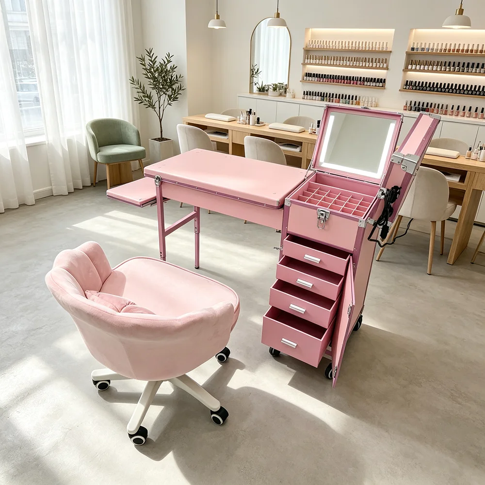 Pink Portable Manicure Table w/ LED Mirror Drawers & Wheels, Folding Rolling Nail Desk Chair Set, Salon Furniture for Nail Tech