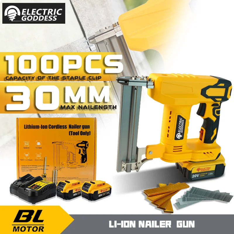 Electric Goddess Cordless 30mm Brad Nail Gun Straight/N-shape Nails Woodwork Nailing Machine For Dewalt 20V Battery Pin 