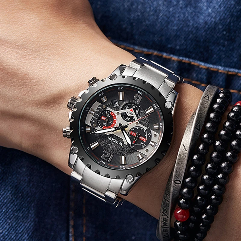 WWOOR Luxury Men's Watches Top Brand Waterproof Luminous Sport Chronograph Stainless Steel Watch Quartz Watch for Men Date Clock
