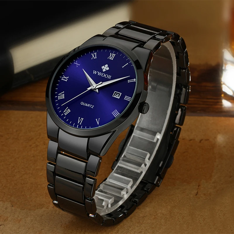WWOOR Luxury Men's Watches Roman Numeral Dial Simple Casual Top Brand Waterproof Date Quartz Watch For Men Stainless Steel Clock