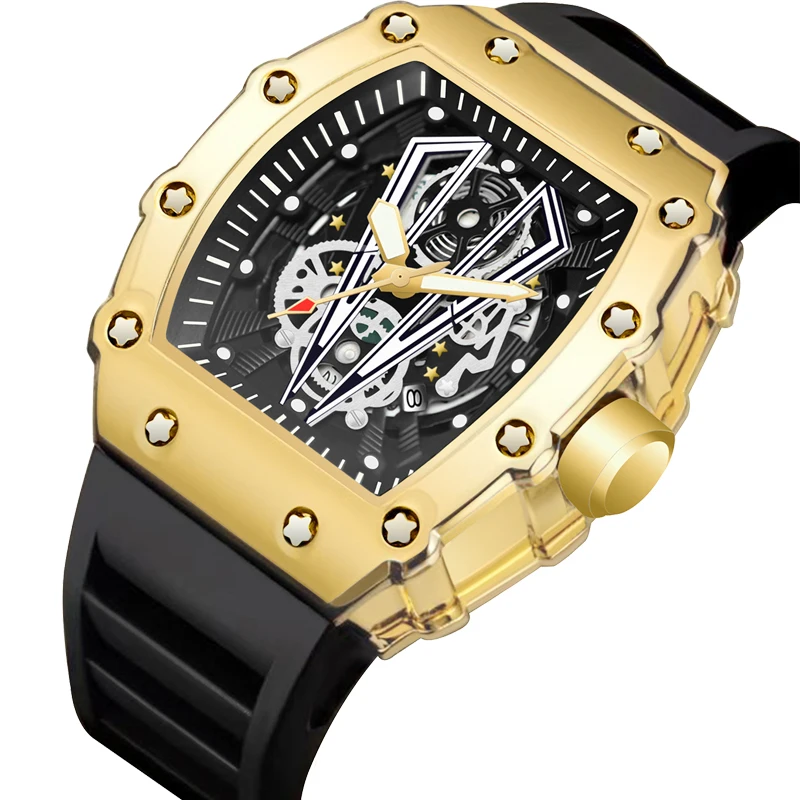 WWOOR Men's Quartz Watches Transparent Case Dial Silicone Strap Waterproof Luminous Calendar Leisure Sports Style Watch For Men