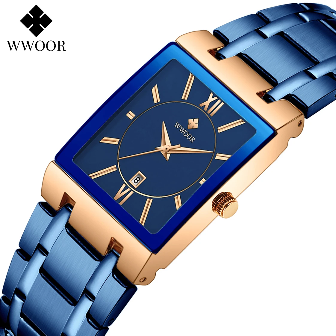 WWOOR Luxury Watch For Men Business Waterproof Male Clock Date Stainless Steel Square Quartz Men Exquisite Watches reloj hombre