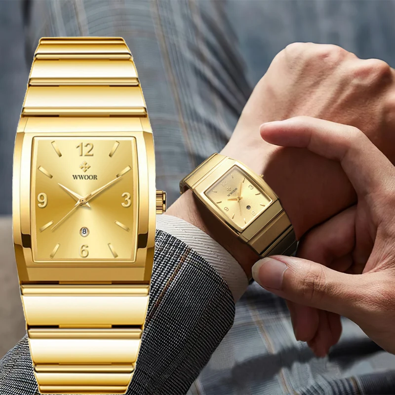 WWOOR Luxury Original Men's Watches Square Gold Quartz Watch for Man Stainless Steel Date Waterproof Wristwatch Male Clock