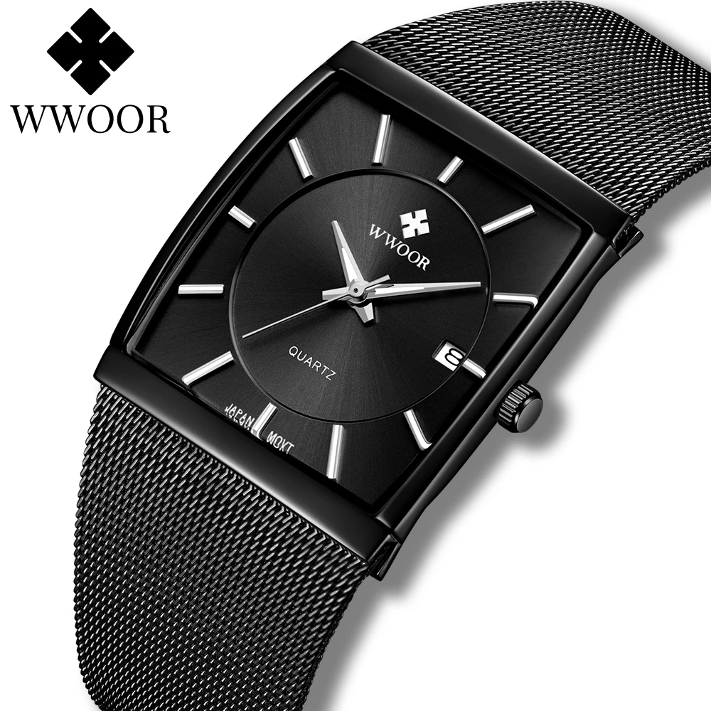 WWOOR Top Brand Men's Watches Business Luxury Square Men Quartz Clock Waterproof Date Stainless Steel Ultrathin Watch For Men