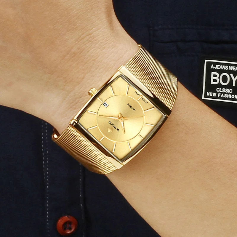 WWOOR Top Brand Luxury Japan Quartz Movement Watches Mens Ultra Thin Gold Steel Mesh Watch For Men Square Waterproof Wrist Watch