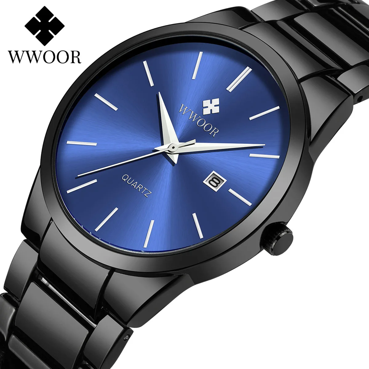 WWOOR Luxury Classic Black Men's Watch Business Quartz Calendar Watch for Man Stainless Steel Waterproof Male Clock Reloj Hombre