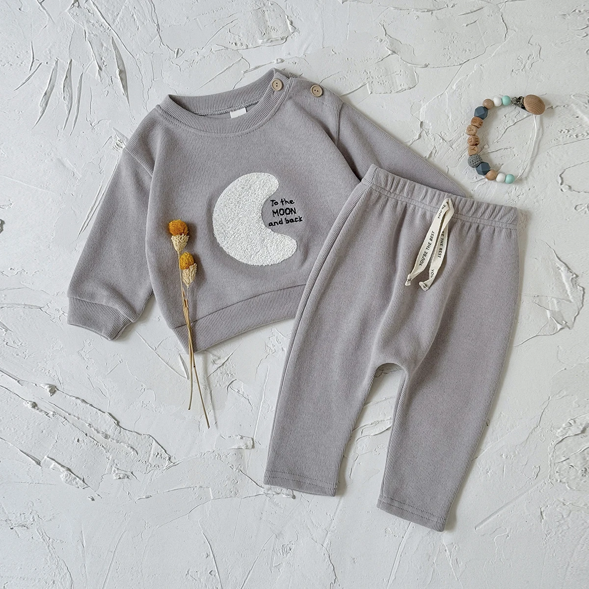 Spring Autumn Unisex Baby Moon Towel Embroidery Ribbed Set, Infant Shoulder-Button Top Drawstring Pants 2Pcs Outfit