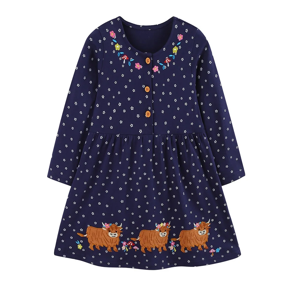 Princess Girls Long Sleeve Dress Jumping Meters 2-7T Autumn Spring Animals Embroidery Dots Buttons Children's Party Frocks