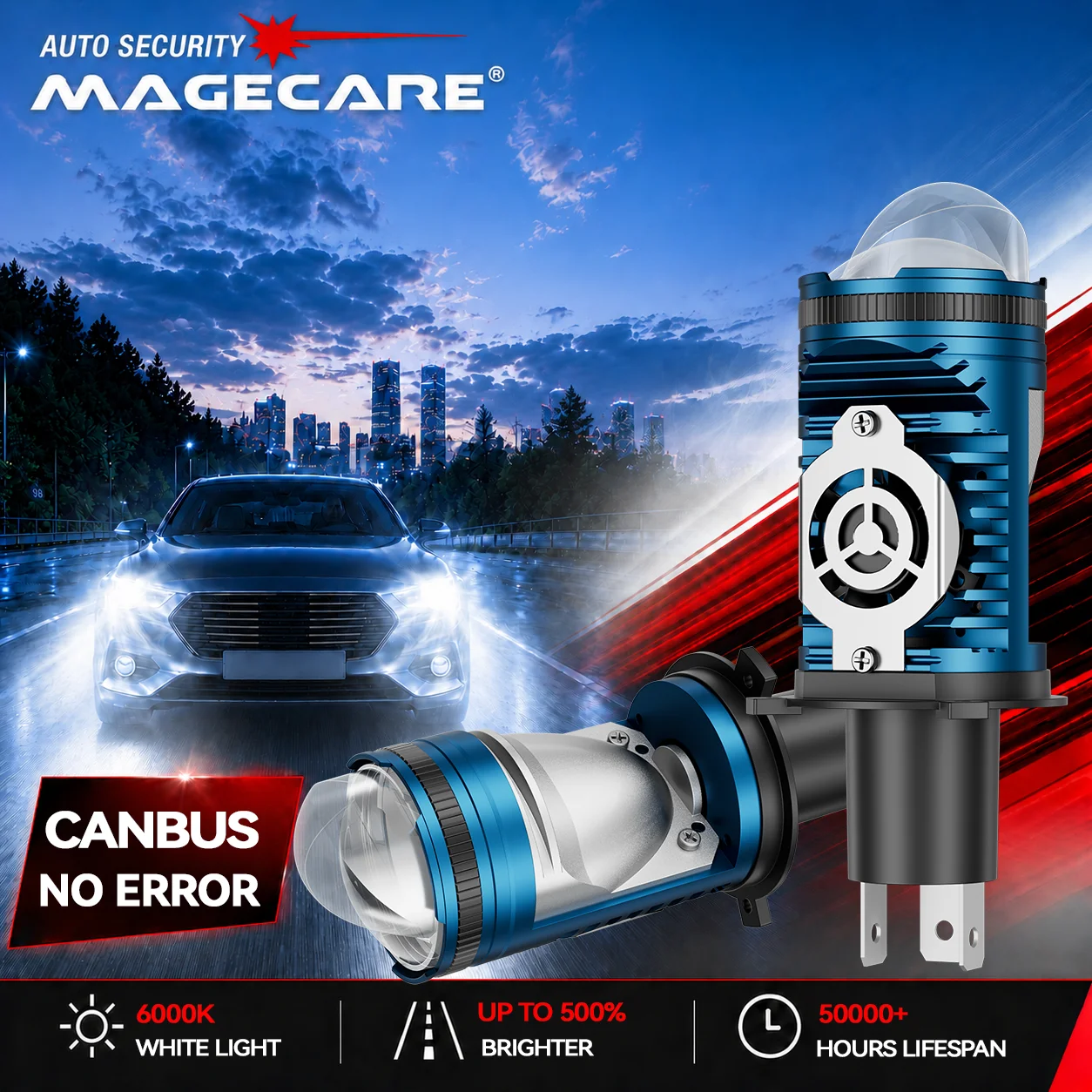 H4/9003/HB2 LED Headlight Bulb Projector Lens Canbus Super Bright LED 100W 30000LM 6000K Hi/Low Light Apply to Car&Motorcycle
