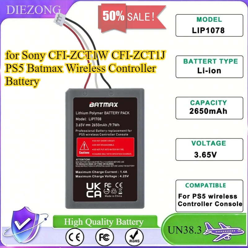 PlayStation 5 LIP1708 Battery Replaces for Sony Dualsense 2650mAh CFI-ZCT1W CFI-ZCT1J PS5 Batmax Wireless Controller Battery