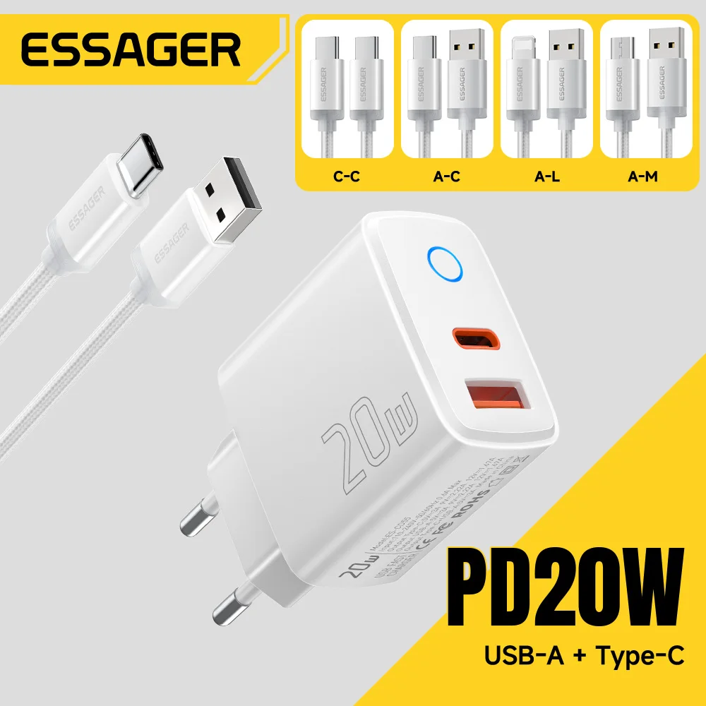Essager PD 20W USB Type C Fast Charger Set Quick Charge 4.0 3.0 QC PD Charger For iPhone 17 16 15 14 13 12 Pro Max Phone Charger