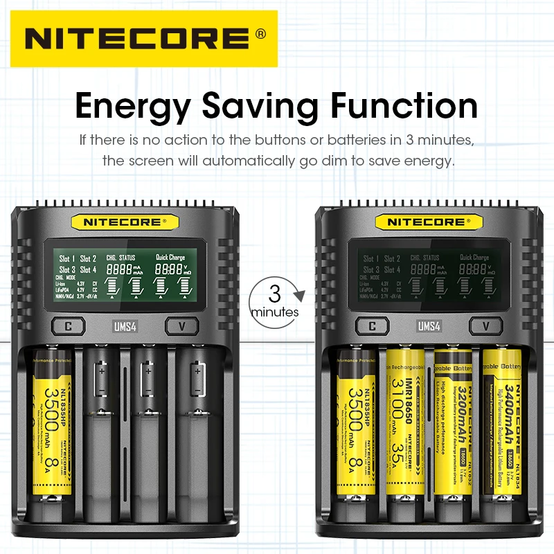 NITEORE UMS4 USB-C Battery Charger Four Slots 18W QC Fast Charging Intelligent Charger For 21700 18650 14500 26650 AA AAA