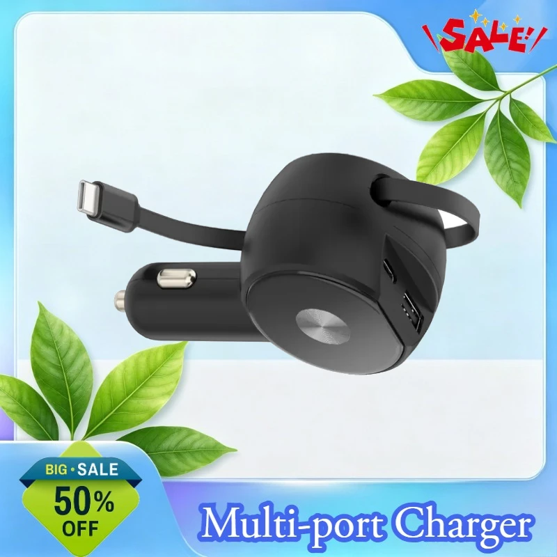 60W Fast Charging Car Phone Charger with Retractable Cable for iPhone and Other Smartphones One-to-Three Cigarette