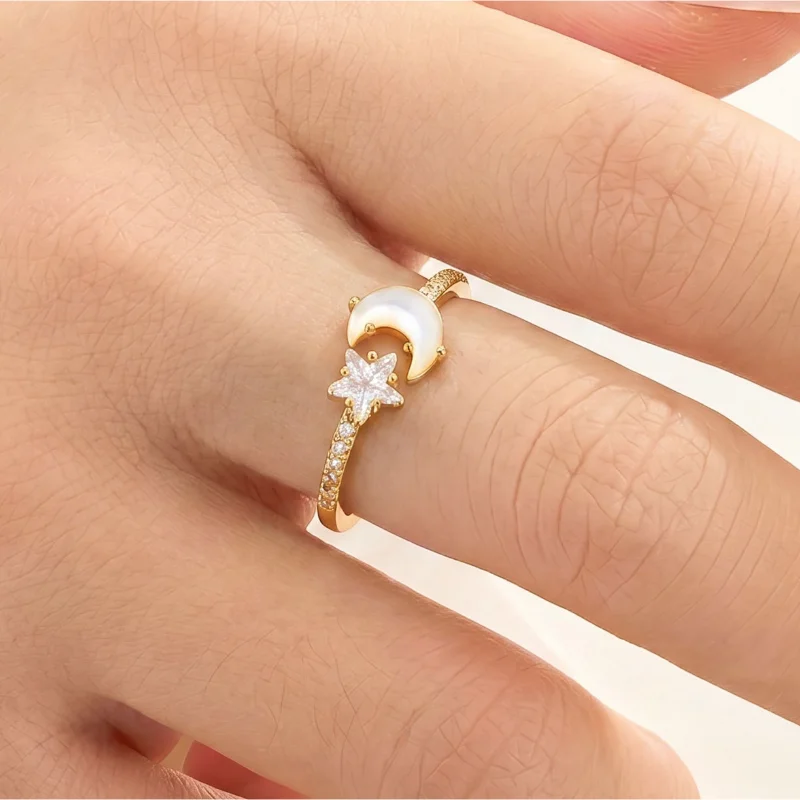 Women Star Moon Mother of Pearl Open Ring Copper Alloy Gold Plated Adjustable Light Luxury Finger Rings Fashion Jewelry