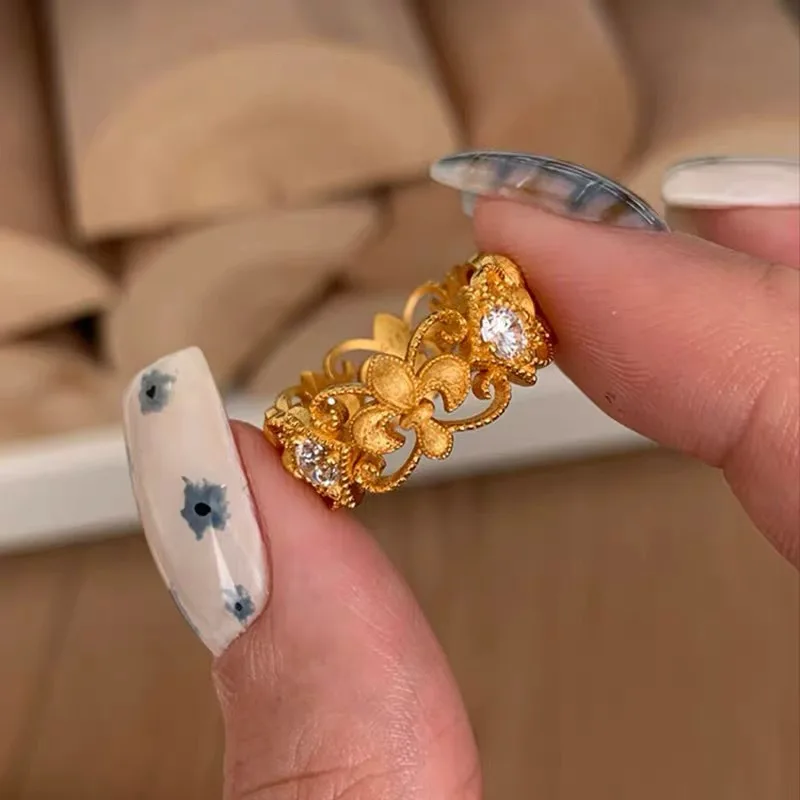 LIVVY Gold Color Light Luxury Texture Vintage Carved Adjustable Rings For Women Elegant Luxury Jewelry Accessories