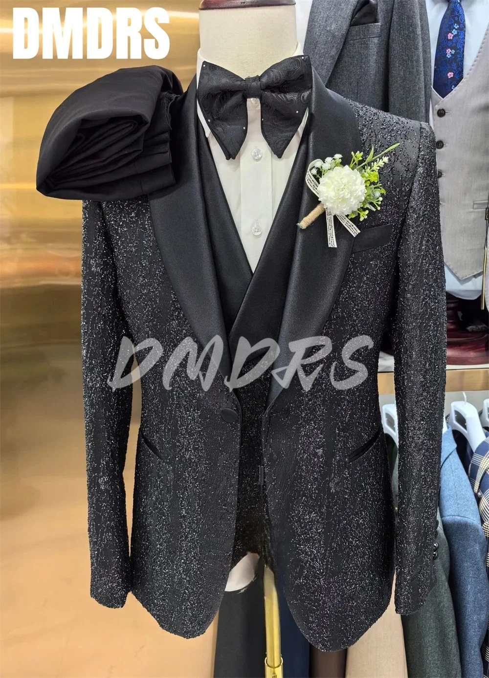 Wedding Suits Men Business Fashion 3 Piece Set 2026 Slim Jacket Dress Blazers Coat Pants Trousers Sequin Single Breasted