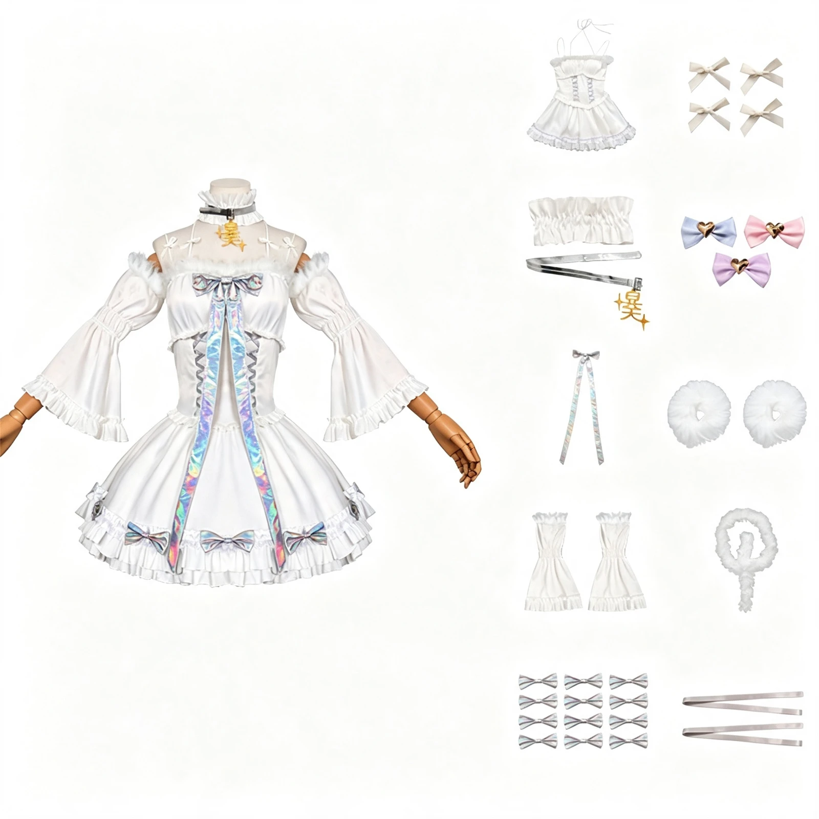 Kangel Rain Cosplay Costume Anime Girl Sweet White Angel Lolita Uniform Ruffle Dress Bow Accessories Set for Halloween