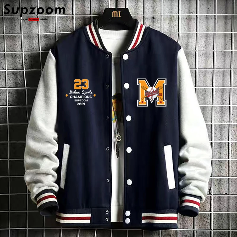 Supzoom New Arrival Letter Rib Sleeve Cotton Top Fashion Logo Single Breasted Casual Bomber Baseball Jacket Loose Cardigan Coat