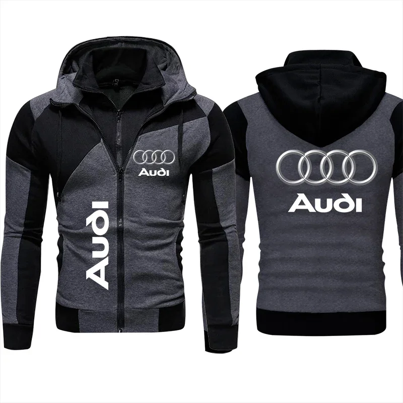 Audi Men's Double-layer Hooded Jacket Casual Cardigan with Motorcycle Logo Fashion Autumn Coat Sporty Men's Outerwear