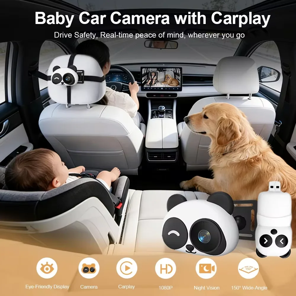 Wireless Carplay Baby Back Seat Car Monitor 1080P 150° Wide Angle Night Vision Cabin Care Camera Easy Install Adapter