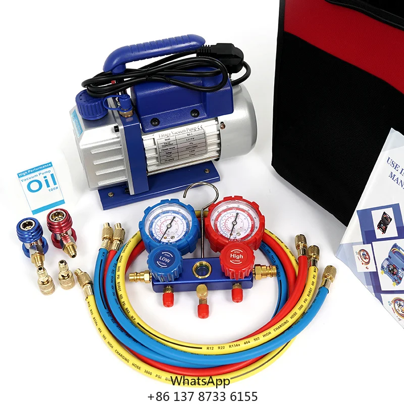 RS-1.5 1/3HP Air Vacuum Pump R134A R22 R502 Brass Gas Refrigerant 2-Way Manifold Gauge Set For Vehicles