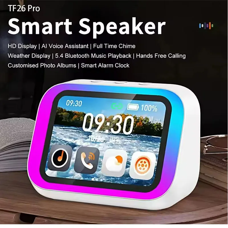 AI Smart Bluetooth 5.4 Speaker HD Touch Screen Display Electronic Album Alarm Clock Hi-fi Stereo Sound Voice Speaking Assistant