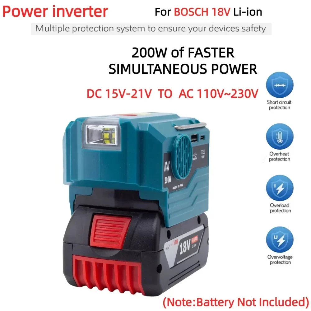 200W Power Inverter for BOSCH 18V Lithium Ion Battery Adapter with 110V~230V AC Outlet with USB LED Light (No Battery)