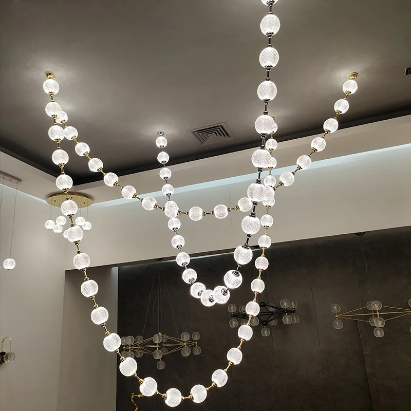 2026 Trendy Pearl Necklace Design LED Dimmable Chandelier Balls Staircase 6 m Long Suspension Luminaire Lampen For Living Room