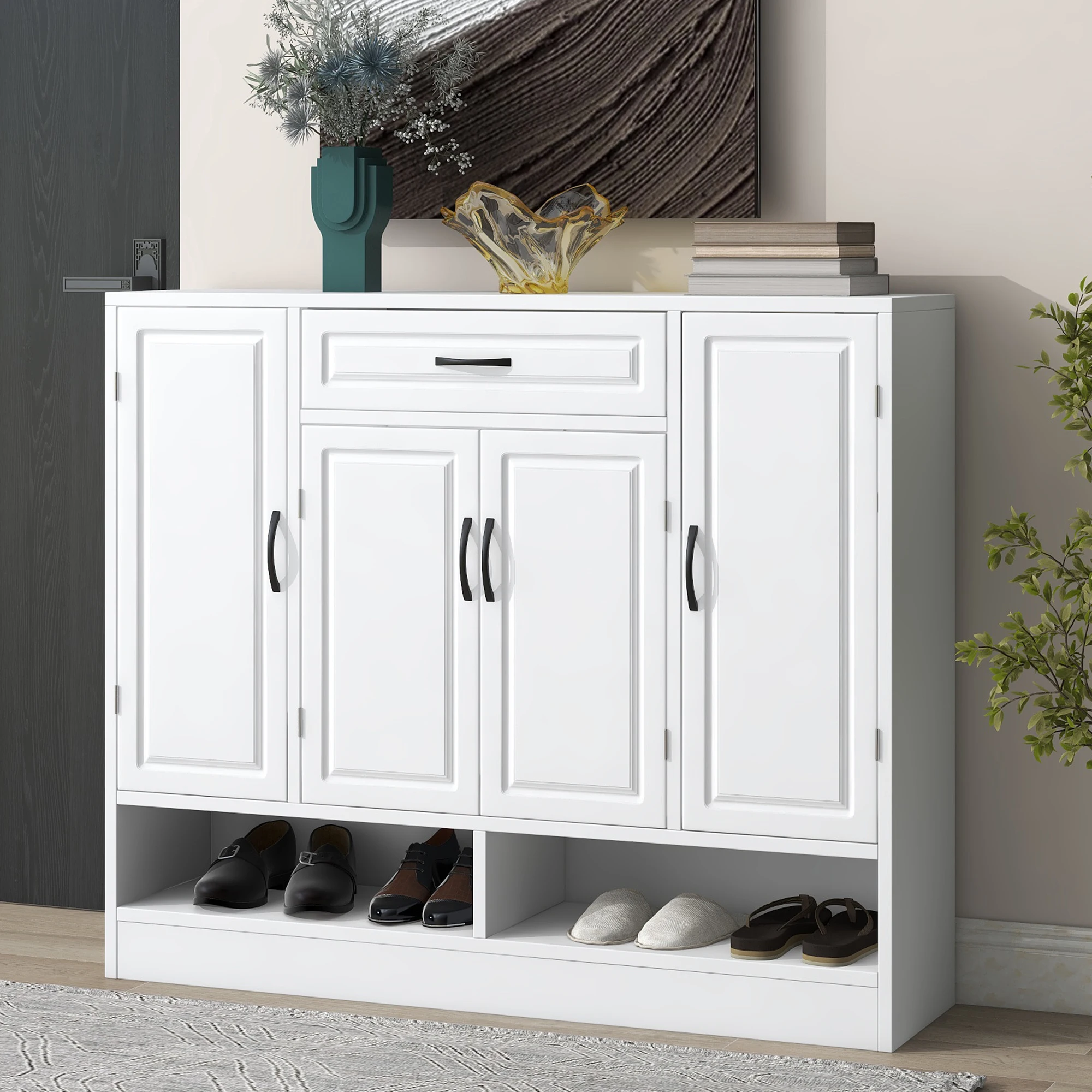 Modern 5-Tier Shoe Cabinet with Adjustable Shelves 4-Door 1 Drawer Sturdy Particle Board Construction Organizer Storage Rack