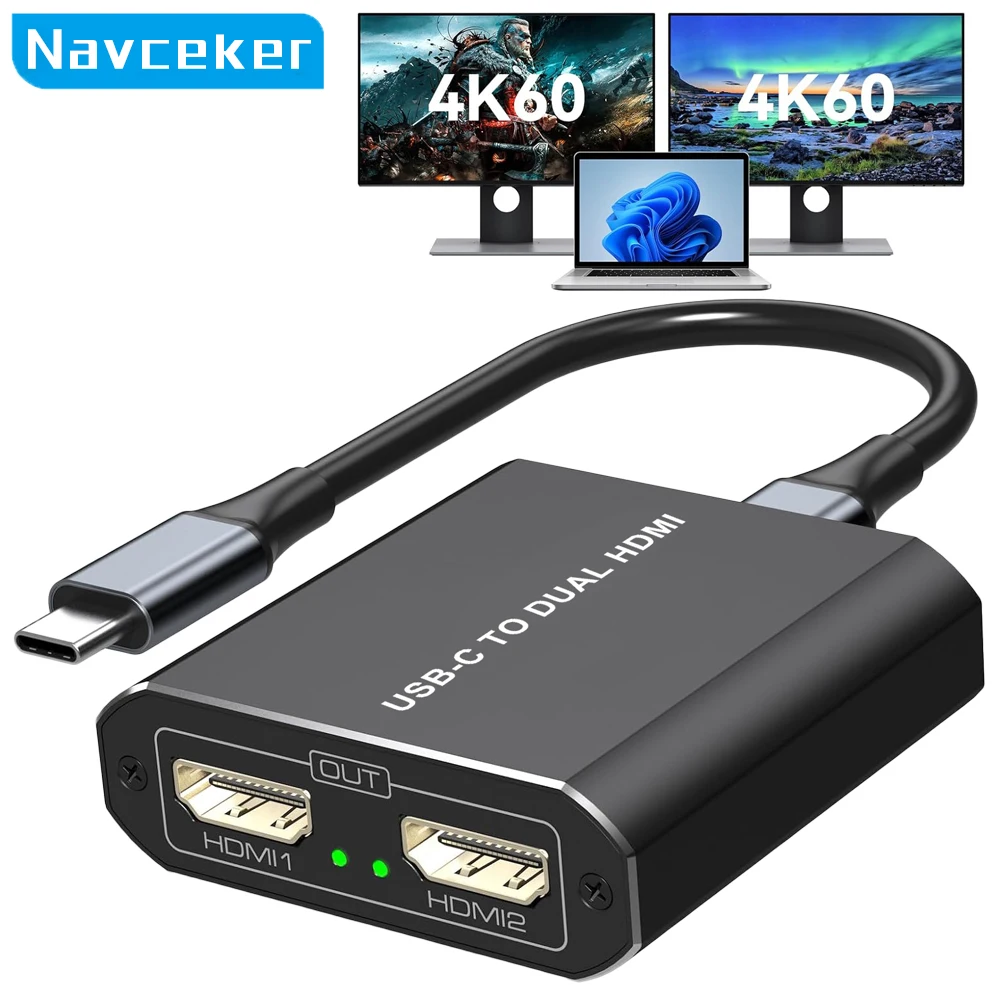 Navceker 2 Port USB C Hub to Dual HDMI Splitter 4K 60HZ Dual Screen Type C Docking Station For Macbook Laptop Mobile Phone PC