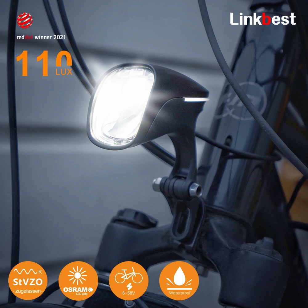 Linkbest-LED Bicycle Headlight, Electric Light, Waterproof, IPX5, 12V-58V, Ebike Lantern, Powerful Light, Front Lamp, 110 Lux