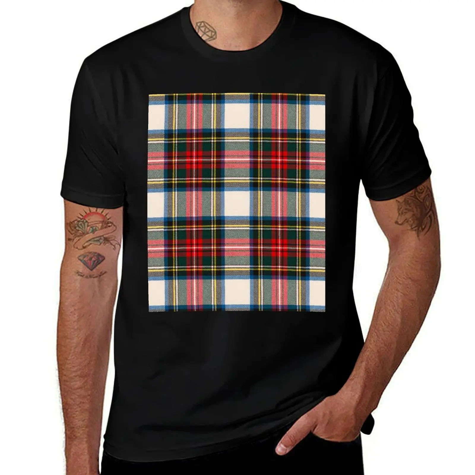 Scottish Dress Tartan Printed Pattern, White and Red Stewart Clan T-Shirt Simple Solid Color Crew Neck Tee T-Shirt