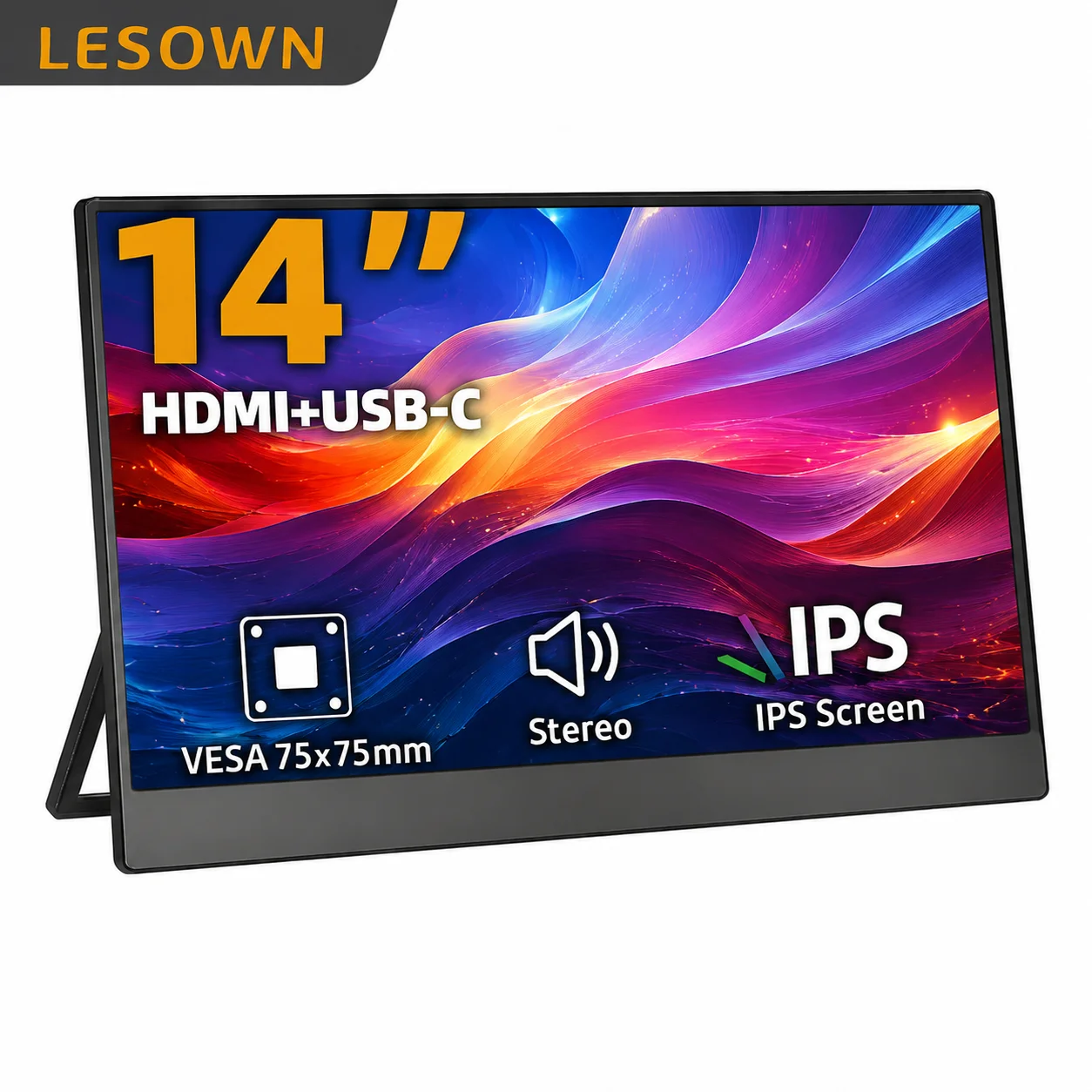 LESOWN 14 Inch Secondary Screen VESA Mount Driverless PC Portable Monitor Built-in Stand Dual Display for Ultrabook