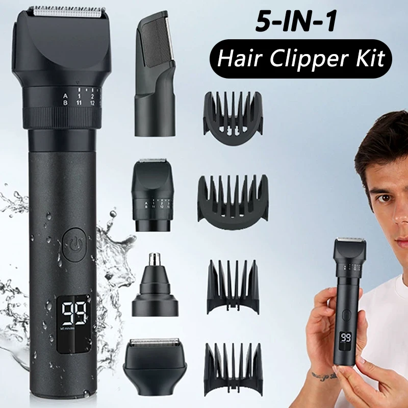 5-In-1 Cordless Hair Clipper LED Display Men Beard/Nose Trimmer Rechargeable Barber Grooming Kit Electric Hair Cutting Machine