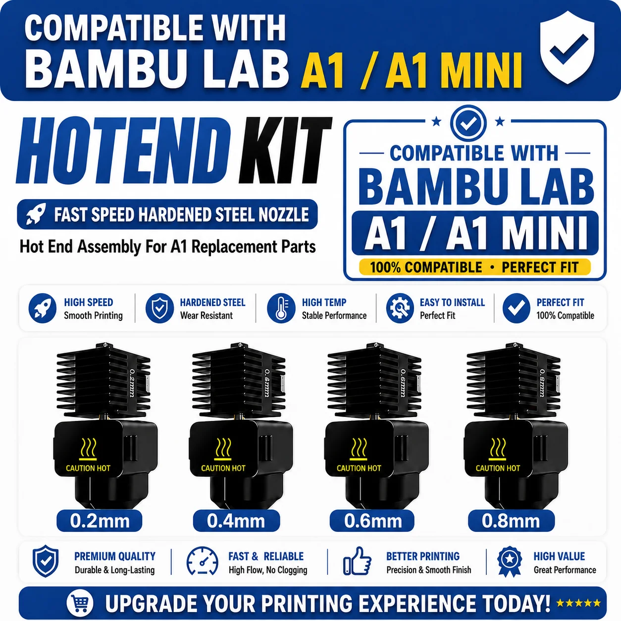 Hotend Kit For Bambu Lab A1/A1 Mini 0.2/0.4/0.6/0.8mm Fast Speed Hardened Steel Nozzle Hot End Assembly For A1 Replacement Parts