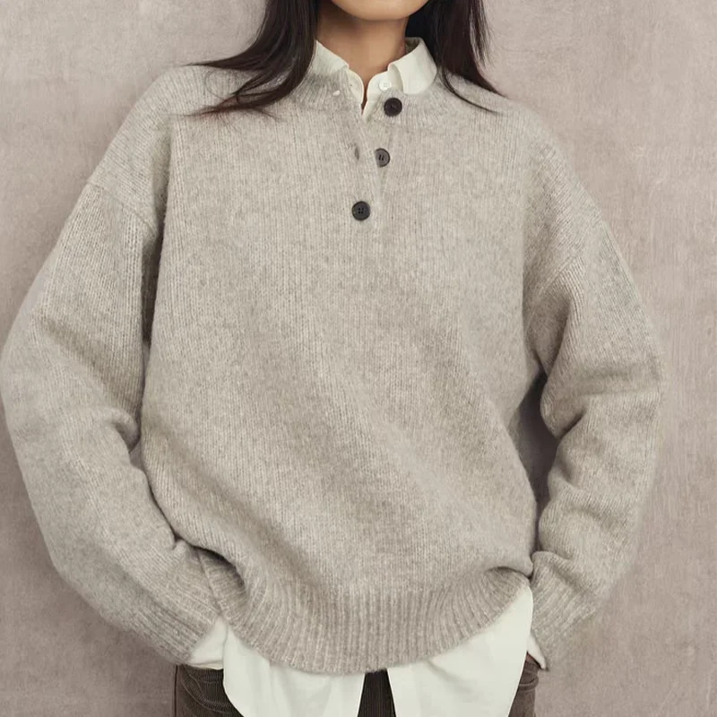 2026 autumn and winter new 100% pure wool simple style lapel cashmere knit women's loose sweater gray top